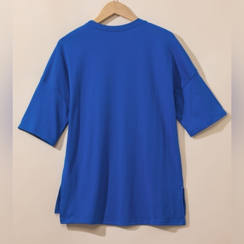 Blue Longline Side Slit Drop Shoulder Women's Top - Picture 3 of 8